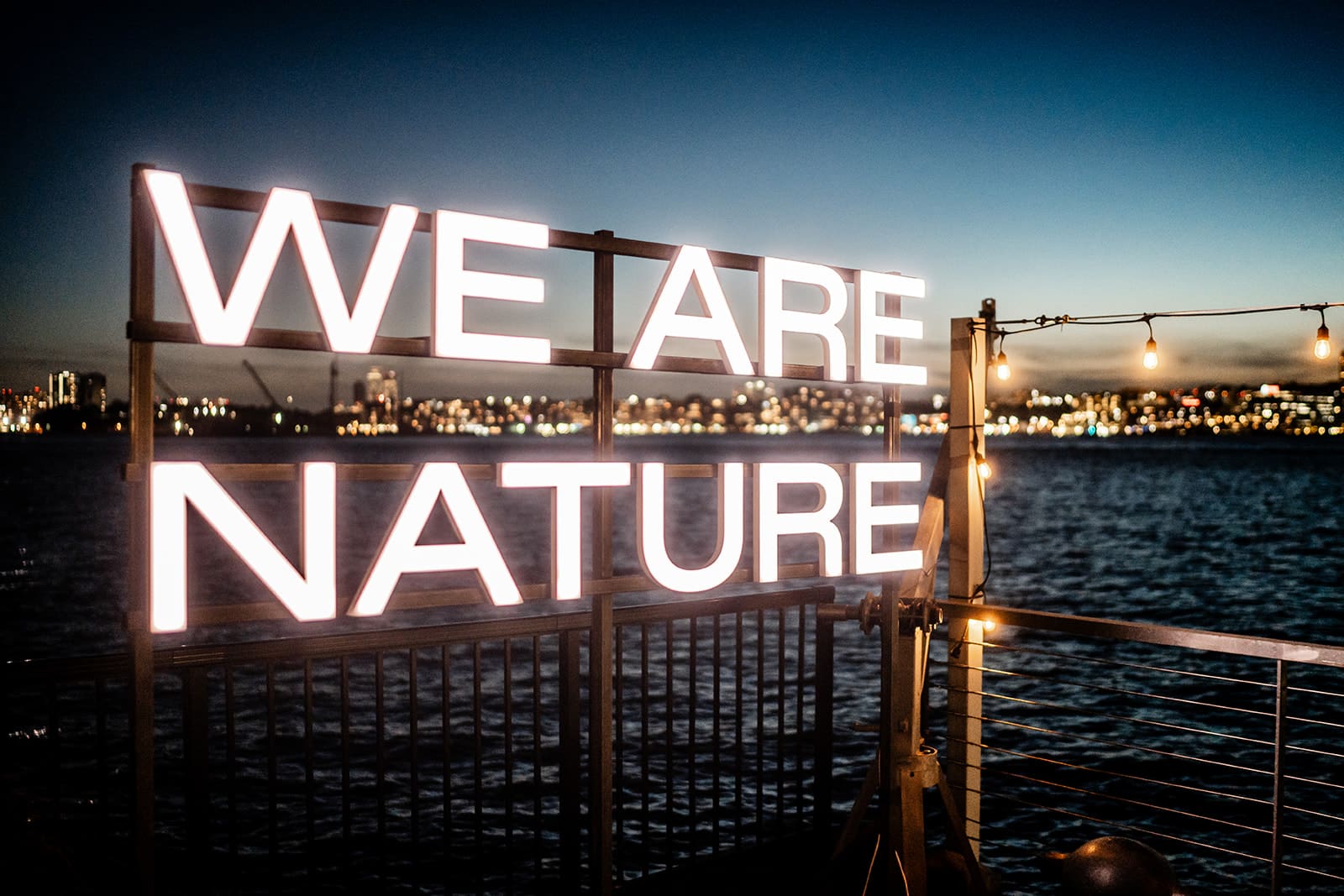 A glowing 'We Are Nature' installation overlooking the water at THE NAT GALA