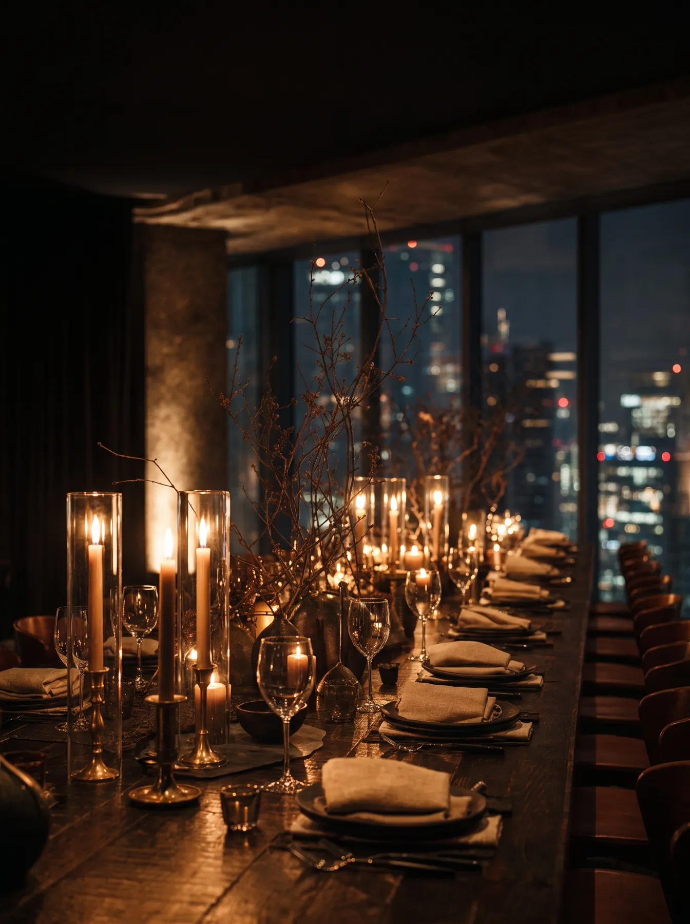 A candlelit long table set for dinner above the New York skyline at night.
